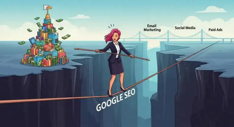 Businesswoman balancing Google SEO. Digital marketing risk for success.